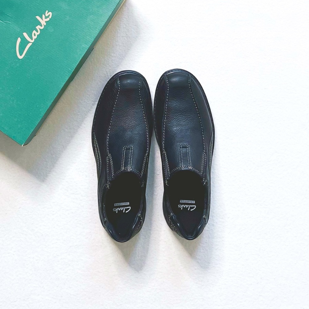 Clarks Collection Men’s Sherwin Time Black Tumbled Leather SlipOn Loafer Shoes 9